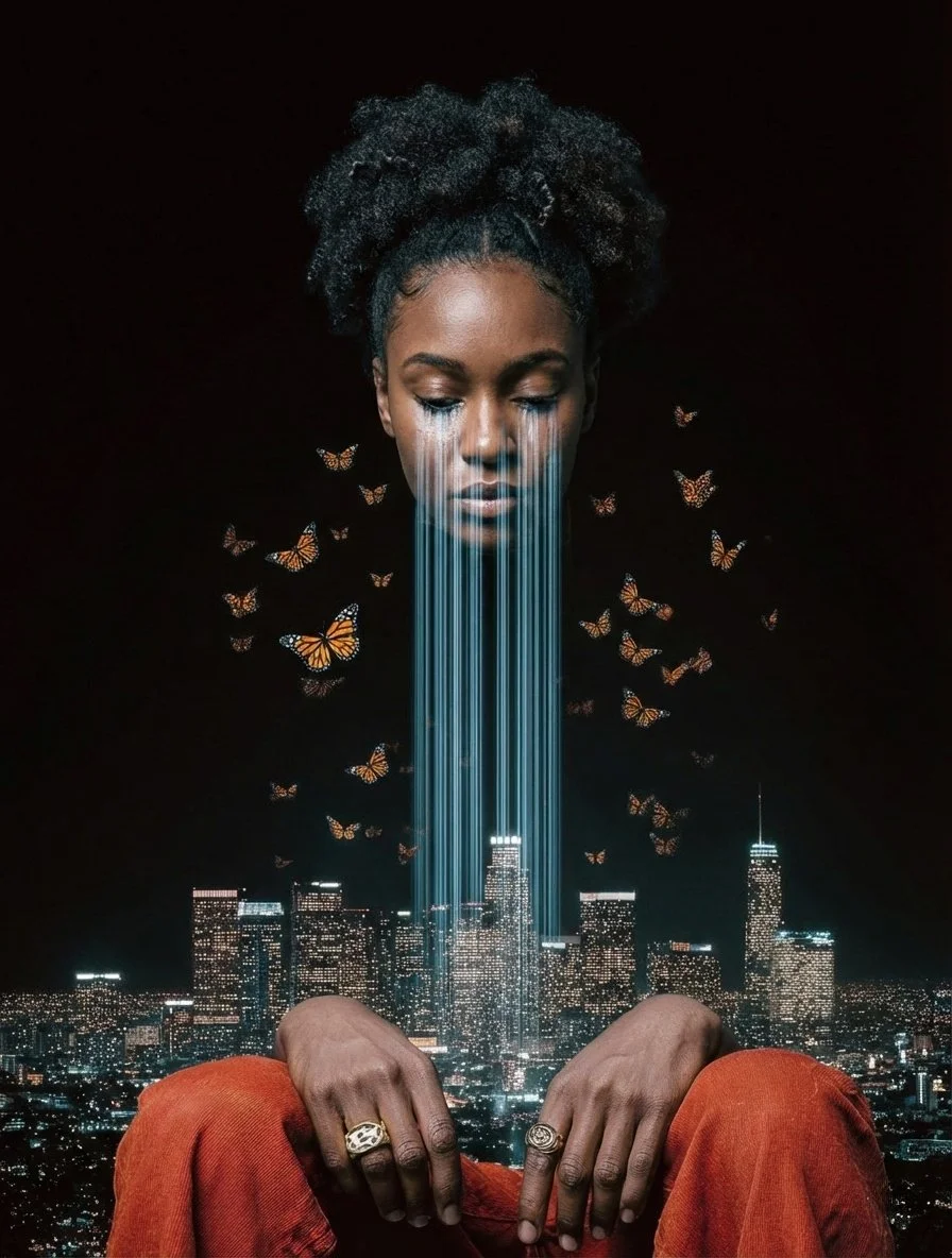 Digital artwork of a woman with her eyes closed and tears streaming down her face, over a city skyline at night, with butterfly silhouettes around her head and vertical light beams extending downward from her face.