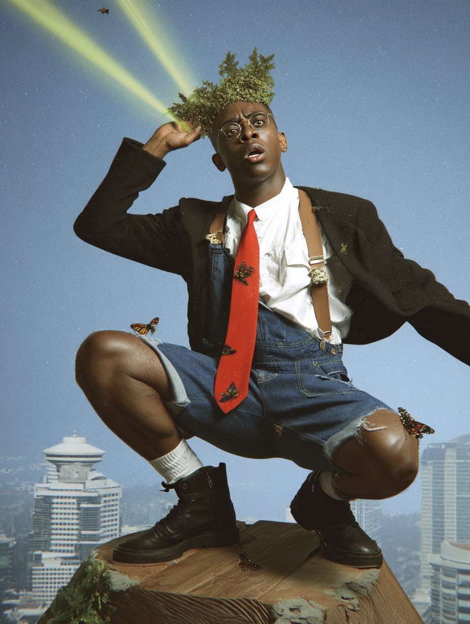 A young man crouching on a tree stump against a city skyline background during the night, with a blue sky and stars. His hair is styled with tree branches, and he is wearing glasses, a black jacket, white shirt, red tie, suspenders, denim shorts, and black boots. There are butterflies around him, and he appears to be touching his head, which has spotlights shining from it.