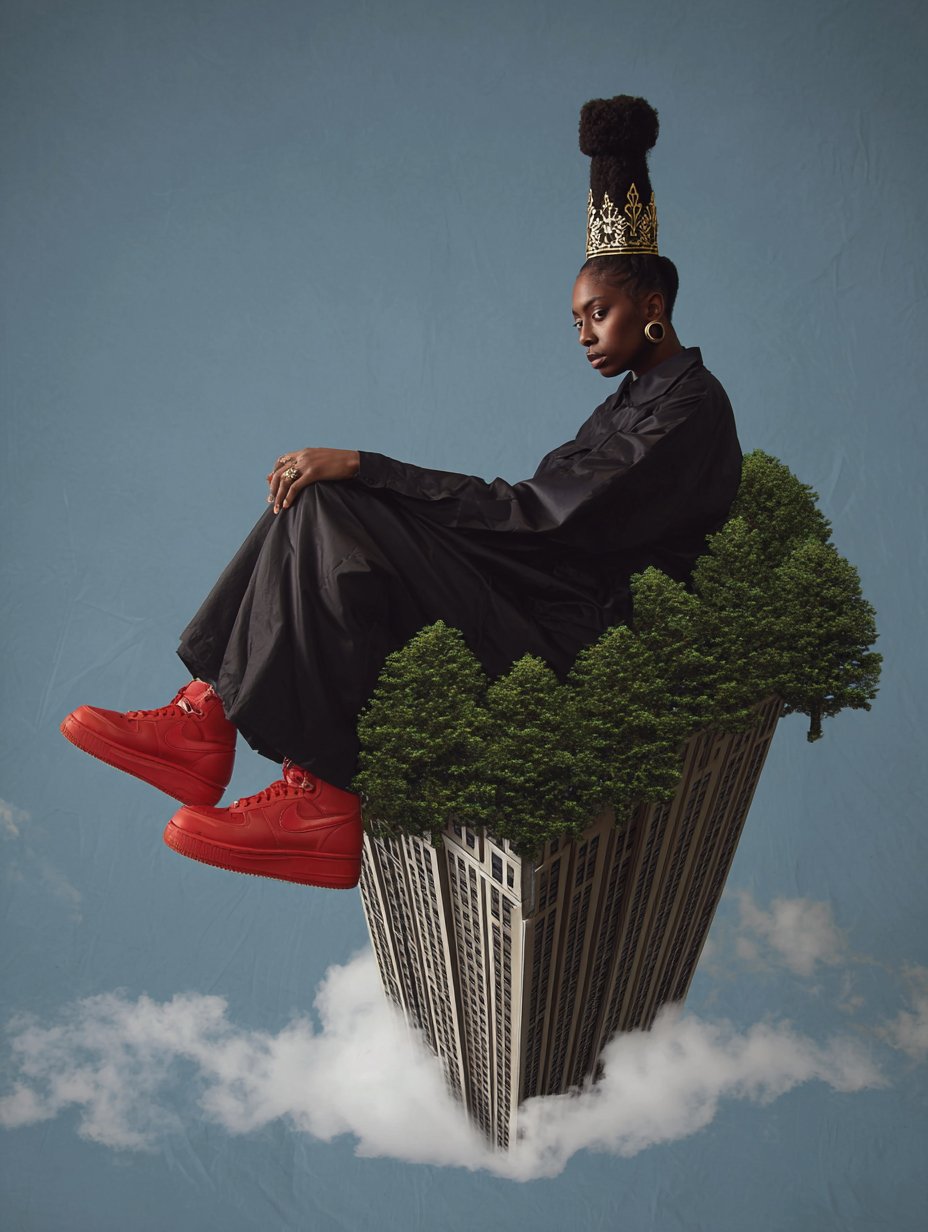 A woman wearing a crown, black dress, and red sneakers sitting on a floating platform with trees, above clouds, with a blue sky background.