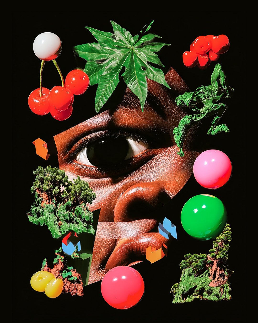 An abstract collage featuring a human eye and lips surrounded by colorful fruits, vegetables, leaves, and geometric shapes against a black background.