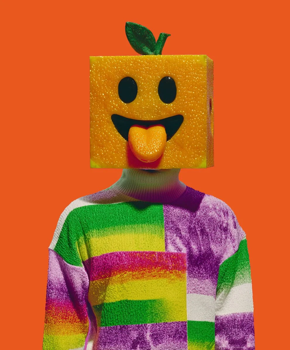 Person wearing a colorful patchwork sweater with a box of orange slices as a mask, and an orange background.
