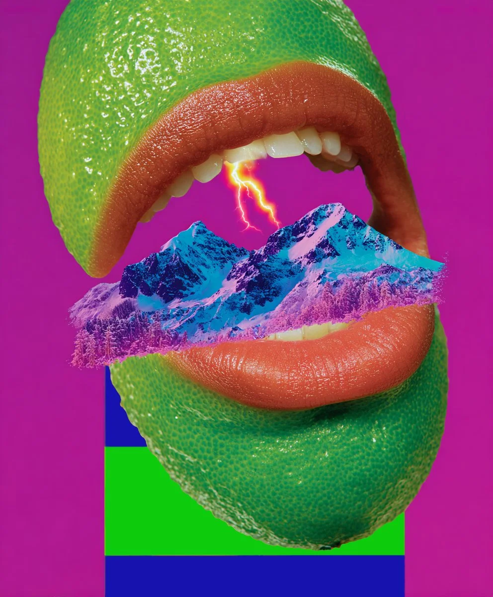 A surreal collage of lips with a lemon peel, mountain landscape, lightning, and bright colors.