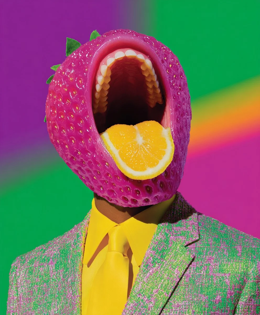 Person with a strawberry fruit mask, with a slice of lemon in the mouth, wearing a colorful tweed jacket and a yellow shirt against a vibrant, rainbow-colored background.