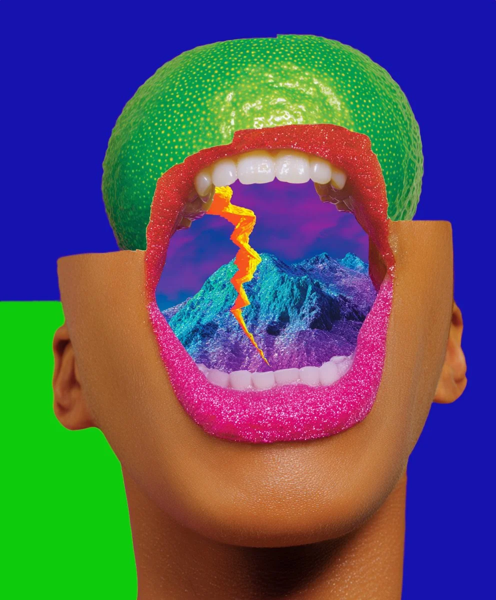 A surreal collage featuring a human face with opening mouth revealing a landscape inside, including mountains, lightning, and clouds. The face has a lime and lemon for a head and lips with glitter, with a vibrant blue background and green section.