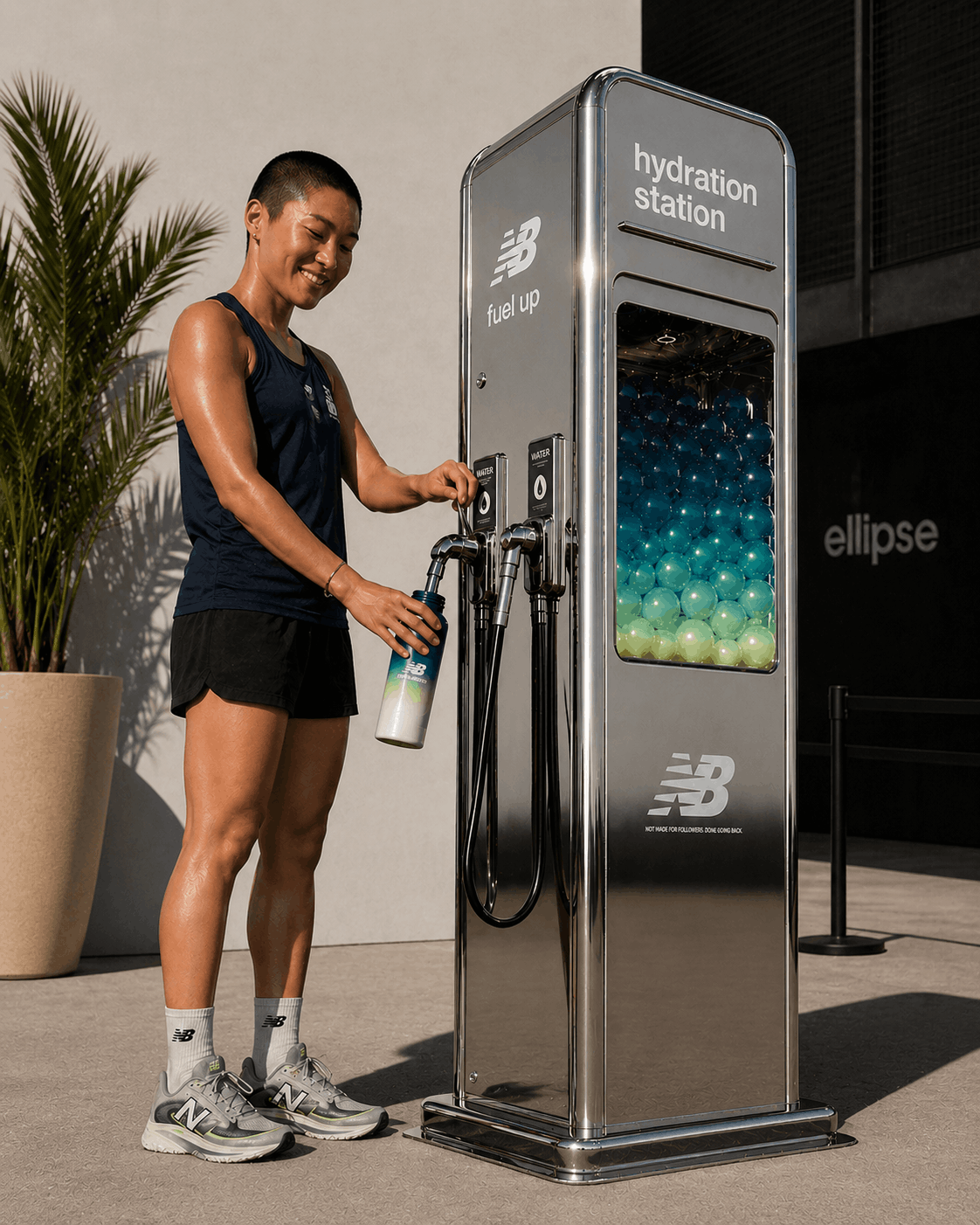 AI-generated experiential marketing installation showcasing a New Balance hydration station designed for an immersive retail activation.
