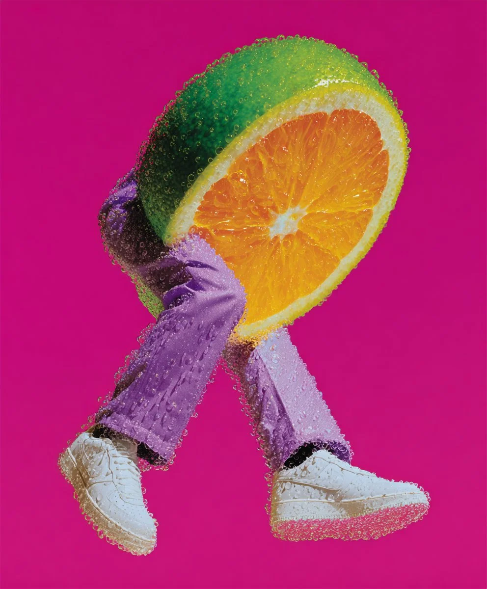 A person's legs in purple pants and white sneakers holding a large slice of orange and lime against a bright pink background.