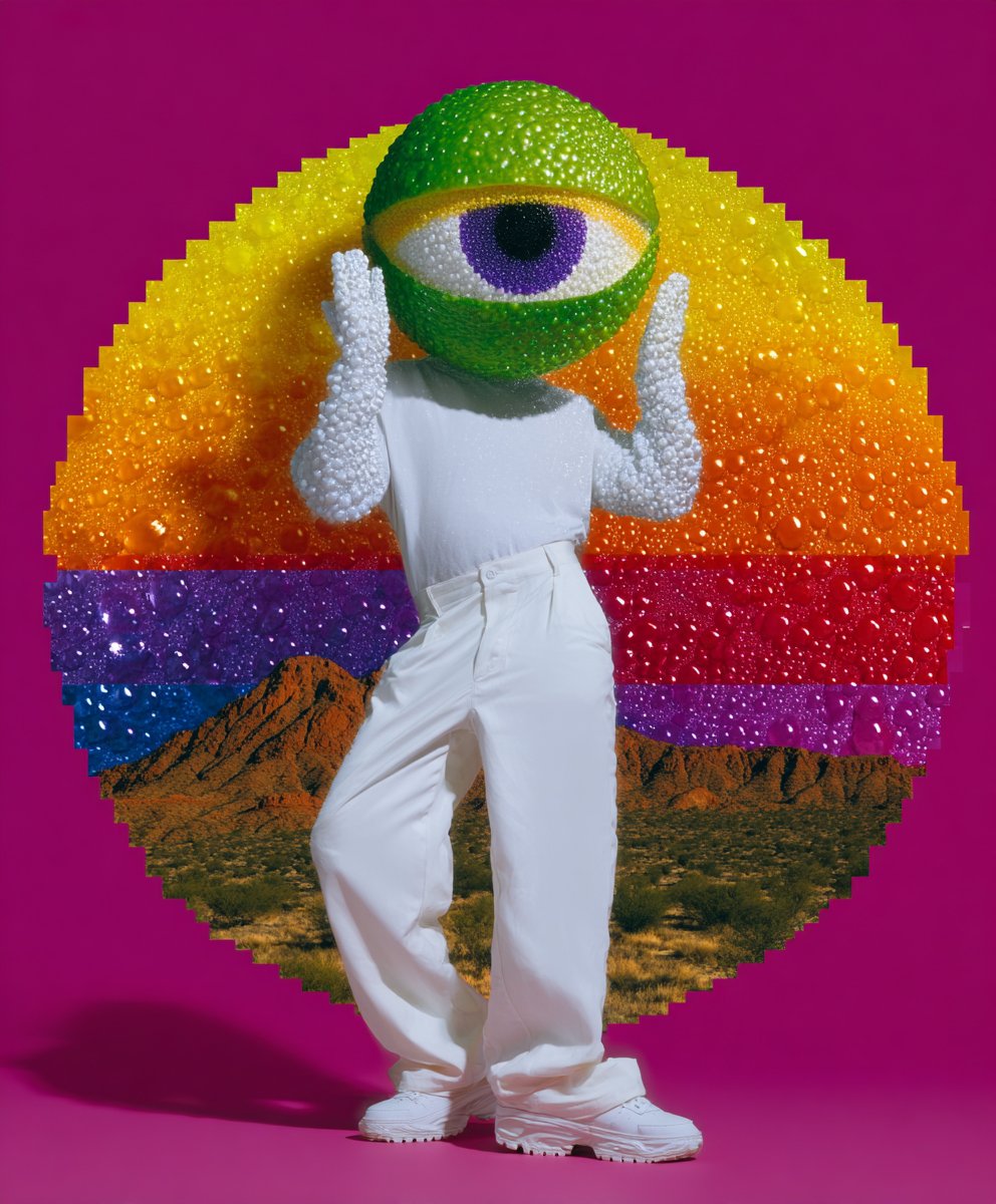 A person in a white outfit and white shoes with a large green and purple eye headpiece, standing in front of a colorful, pixelated rainbow background with mountains and desert landscape at the bottom.