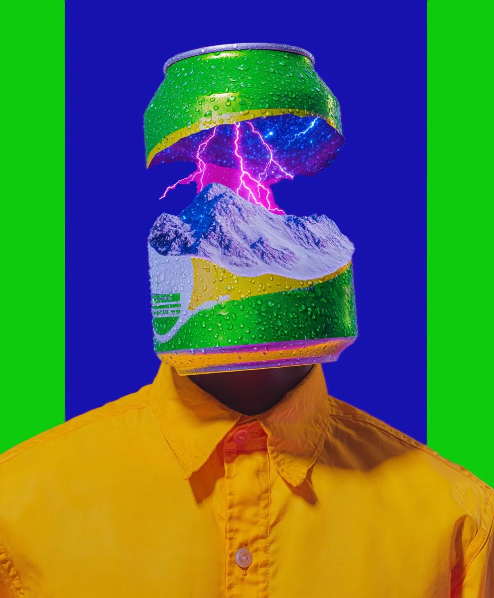 A person wearing a yellow shirt with a soda can as a surreal, digital face, with the top of the can replaced by a mountain landscape and lightning, and the bottom of the can replaced by a starry sky, set against a blue and green background.