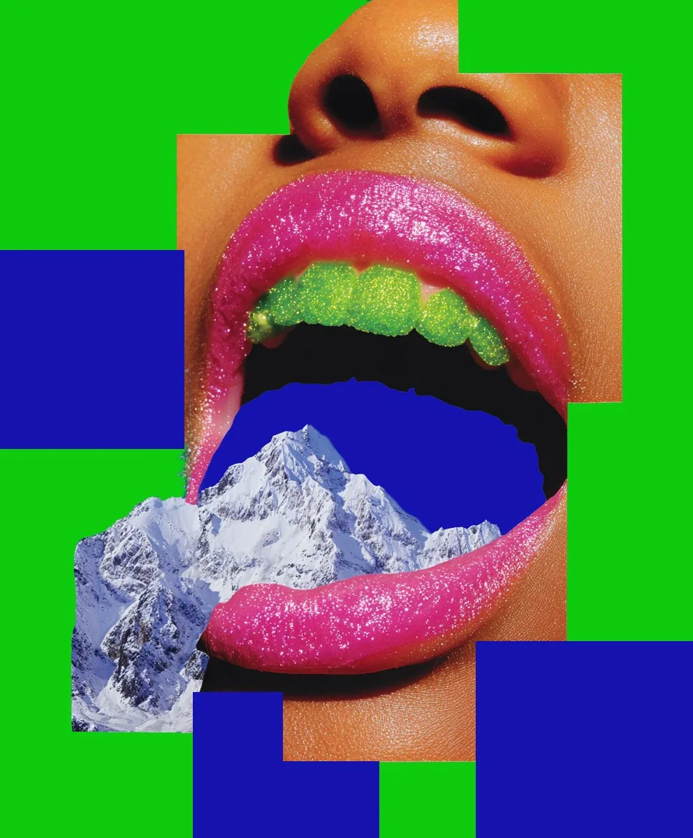 A surreal digital collage featuring a close-up of a person's face with bright pink glittery lips and an open mouth, revealing a snow-covered mountain inside, against a background of vibrant green and blue geometric shapes.