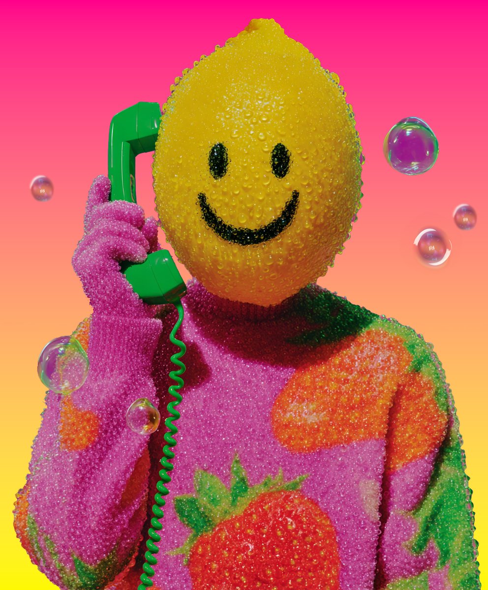 A person with a lemon for a head with a smiling face, wearing pink gloves and a strawberry-patterned sweater, holding a green telephone to their ear against a pink and yellow background with floating bubbles.