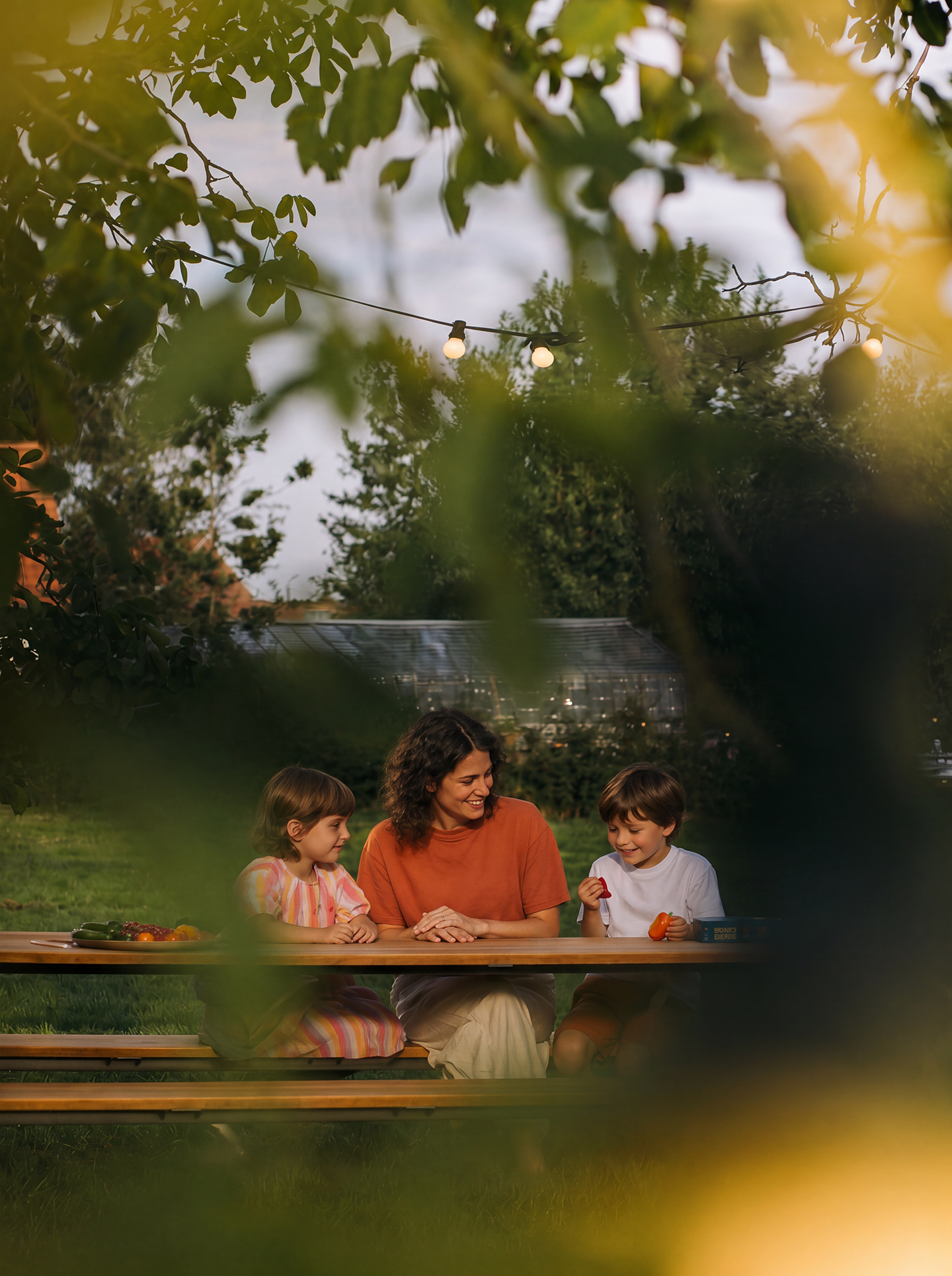 AI-generated lifestyle image of a family sharing fresh tomatoes and vegetables at an outdoor picnic table, capturing a warm summer evening for a fresh produce advertising campaign.