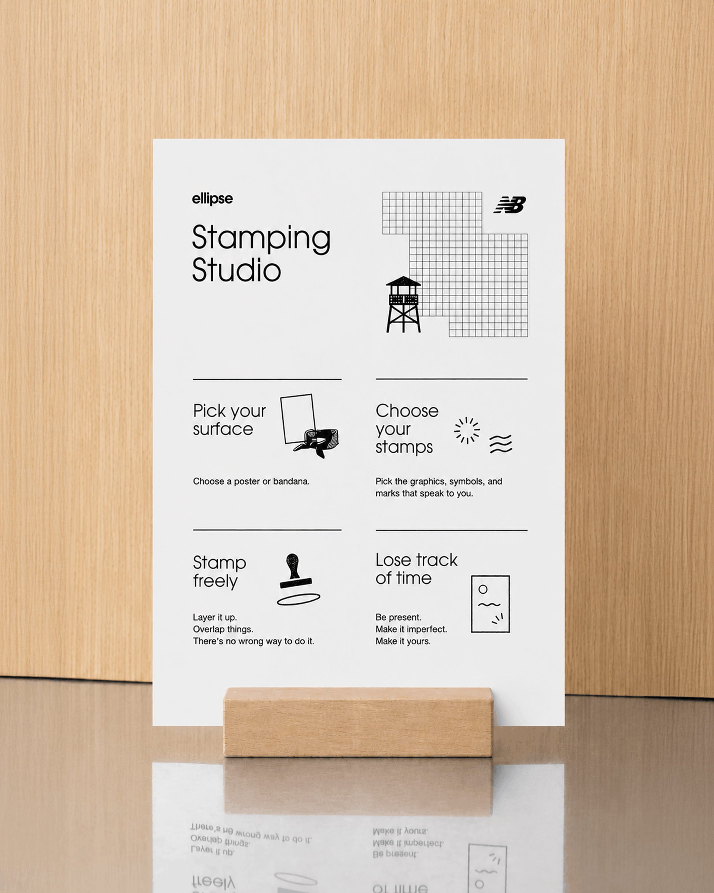 AI-designed environmental signage explaining the stamping studio activity for a conceptual New Balance experiential retail activation.