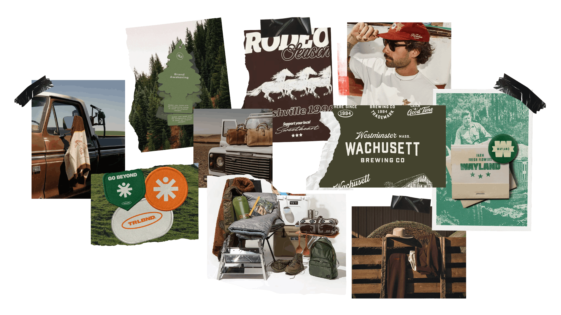 Brand mood board featuring outdoor photography, apparel, typography, merchandise, and lifestyle references used to establish the visual direction for a creative marketing agency identity.
