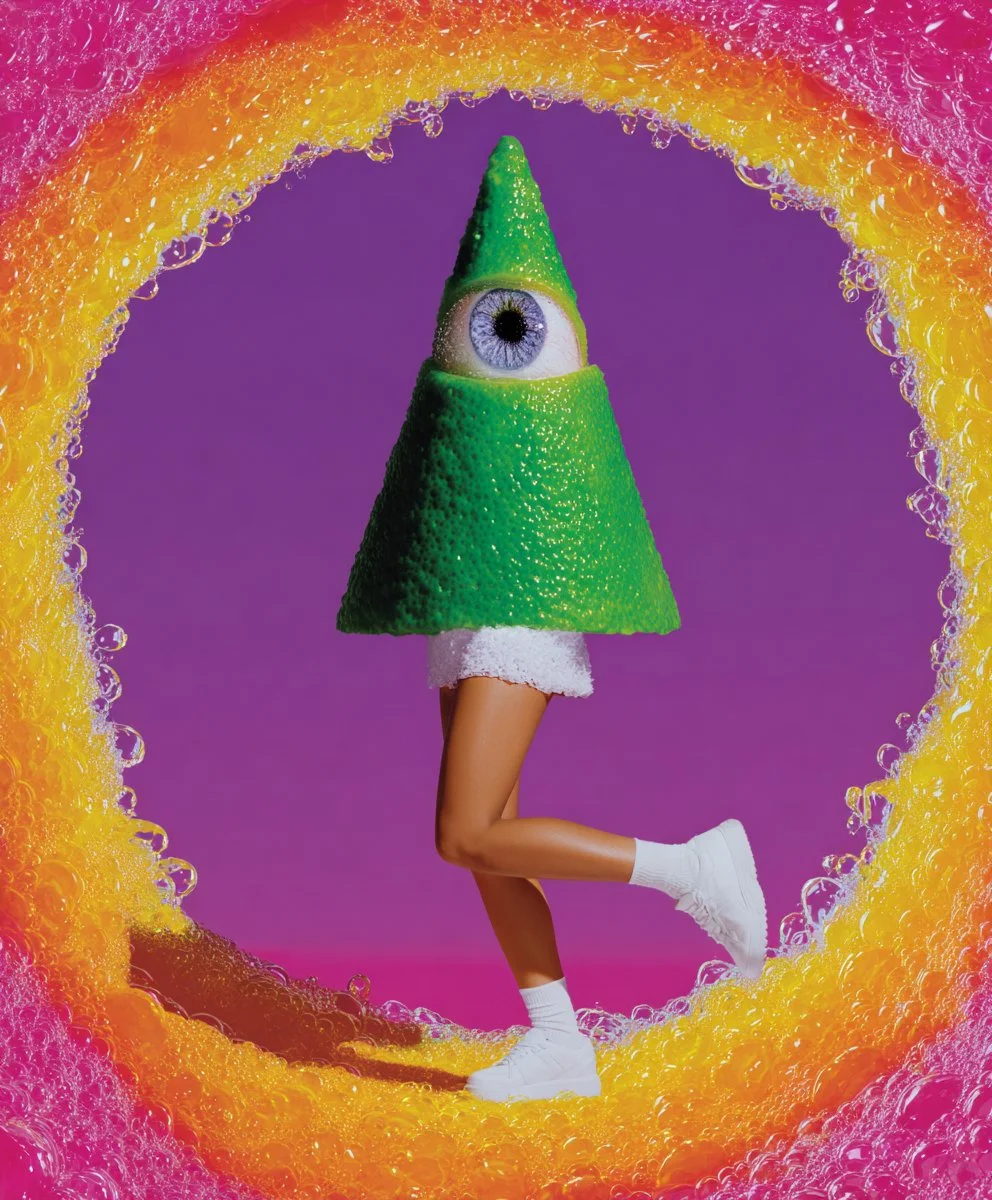 A person with one leg lifted wearing a costume made of a lime with a large eye and green cone on top, standing inside a colorful, bubbly frame.