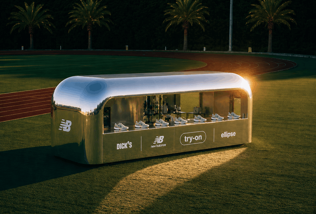 AI-generated experiential retail installation showcasing a New Balance try-on station designed for a conceptual brand activation.