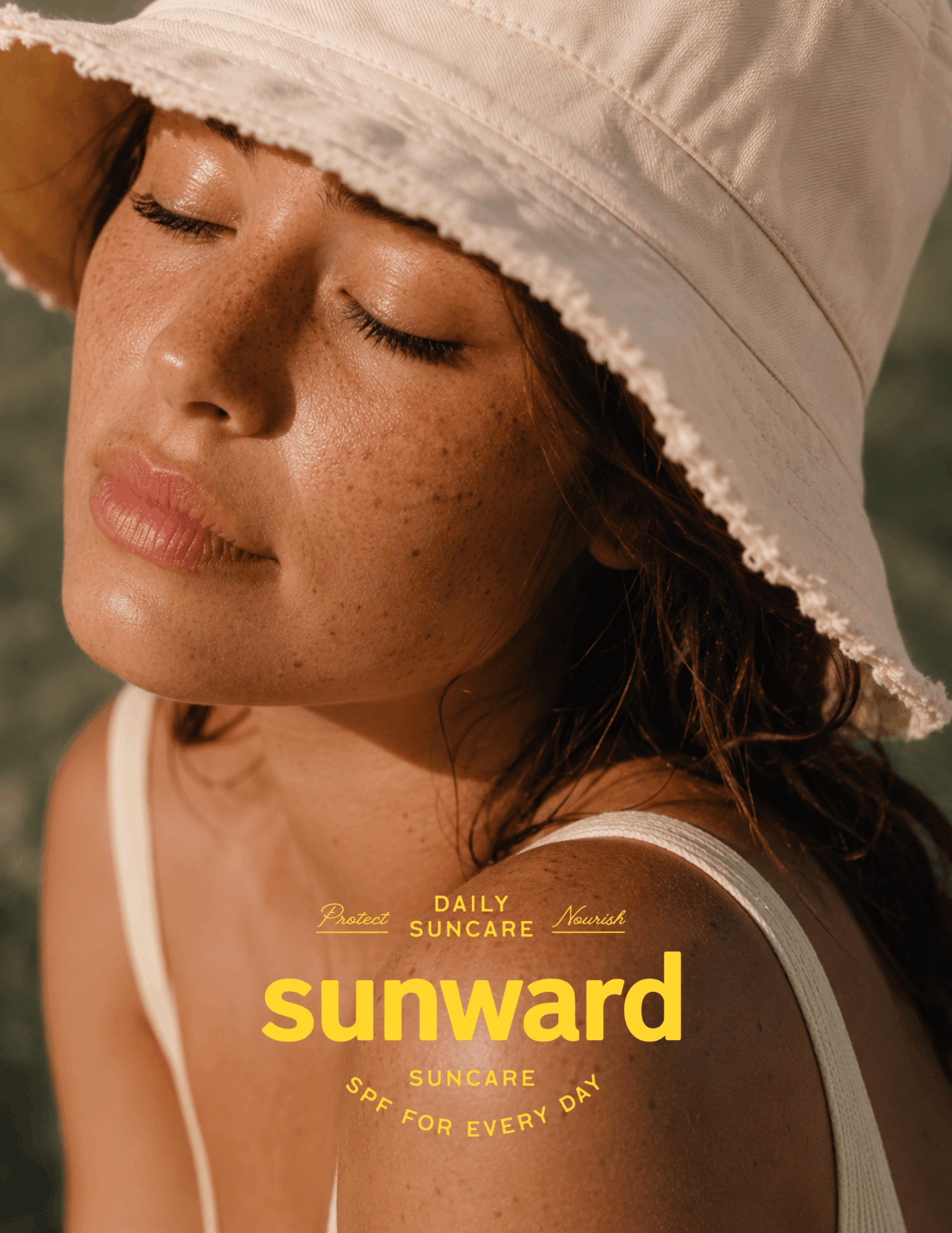 AI-generated portrait for a premium suncare branding and advertising campaign featuring a woman wearing a white sun hat.