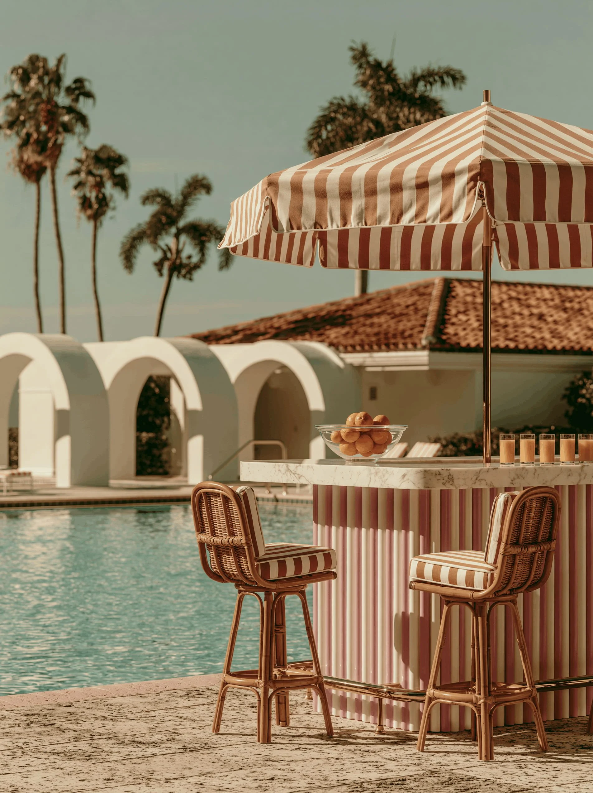 AI-designed luxury country club poolside environment for The Seabrook, featuring hospitality branding, custom outdoor furnishings, and timeless Palm Beach-inspired architecture.