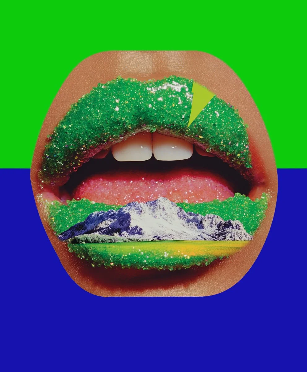 A person's mouth with lips painted green and adorned with green glitter, showing teeth and tongue. The inside of the mouth has a mountain landscape with snow-capped peaks and green fields, creating a surreal, artistic image.