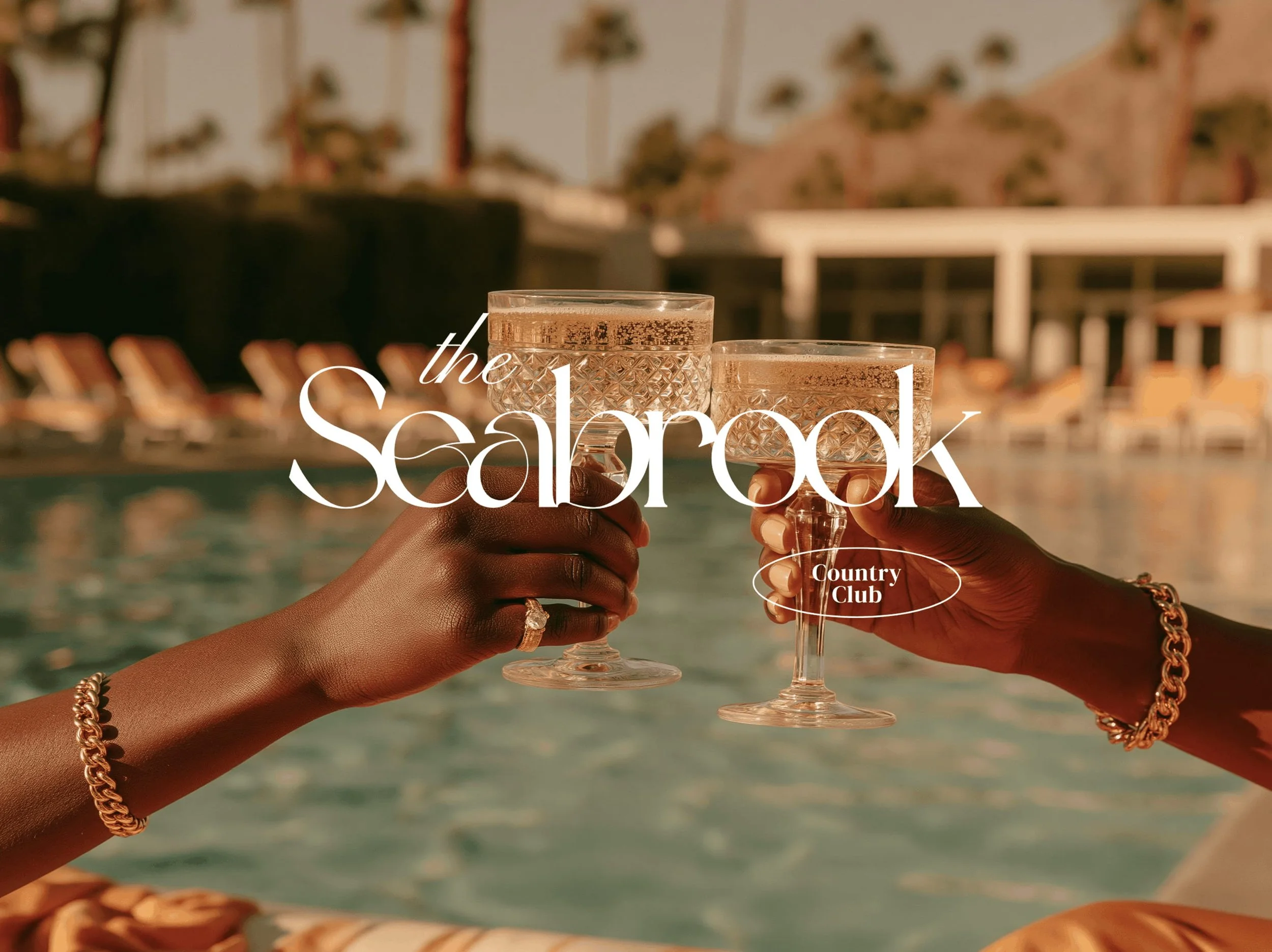 AI-designed luxury lifestyle campaign for The Seabrook showcasing a poolside celebration, hospitality branding, and elegant Palm Beach-inspired country club experiences.