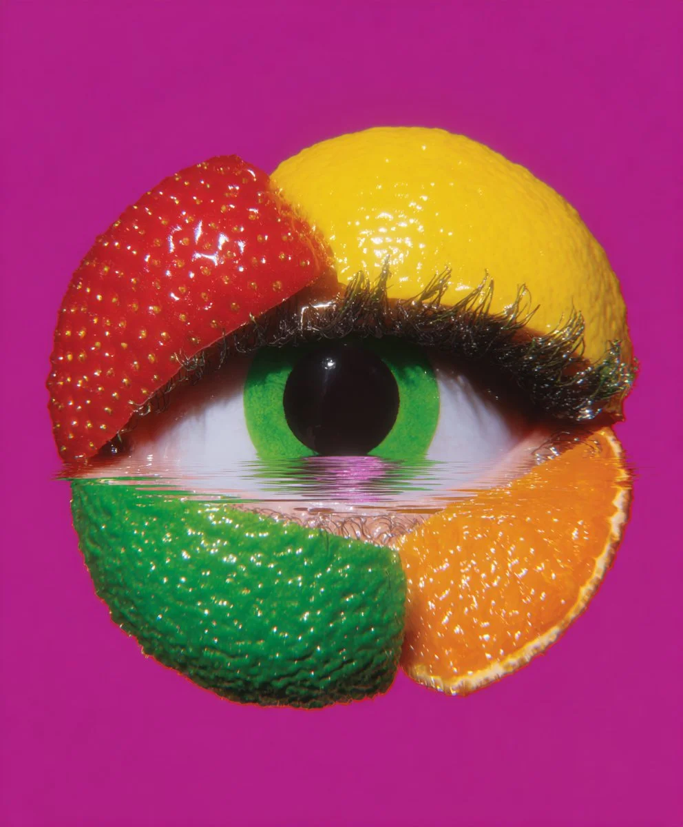 A surreal image of a human eye with an iris green, surrounded by fruit slices including a strawberry, lemon, lime, and orange, arranged on a pink background with a water reflection effect.