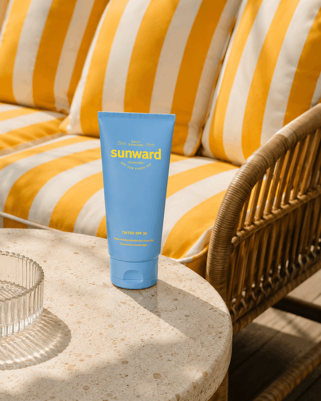 AI-generated lifestyle product photography featuring premium sunscreen packaging in a sunlit outdoor setting.