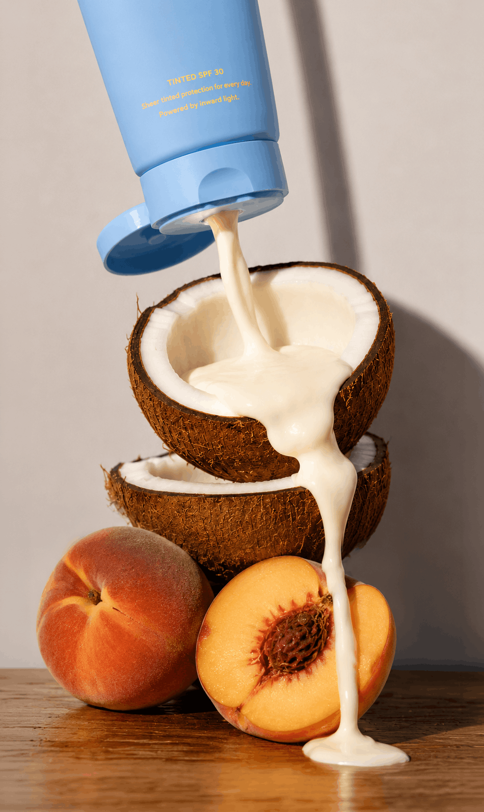 AI-generated sunscreen product visualization featuring premium suncare packaging with coconut and peach ingredients.
