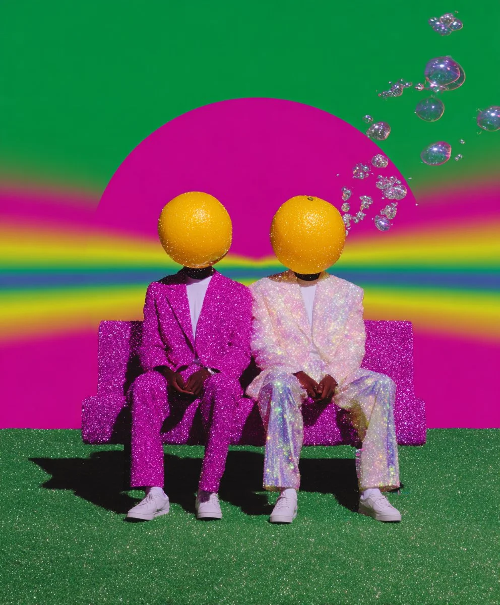 Two people in colorful suits with lemon halves as heads sitting on a glittery pink bench against a vibrant, rainbow-colored background with floating bubbles.