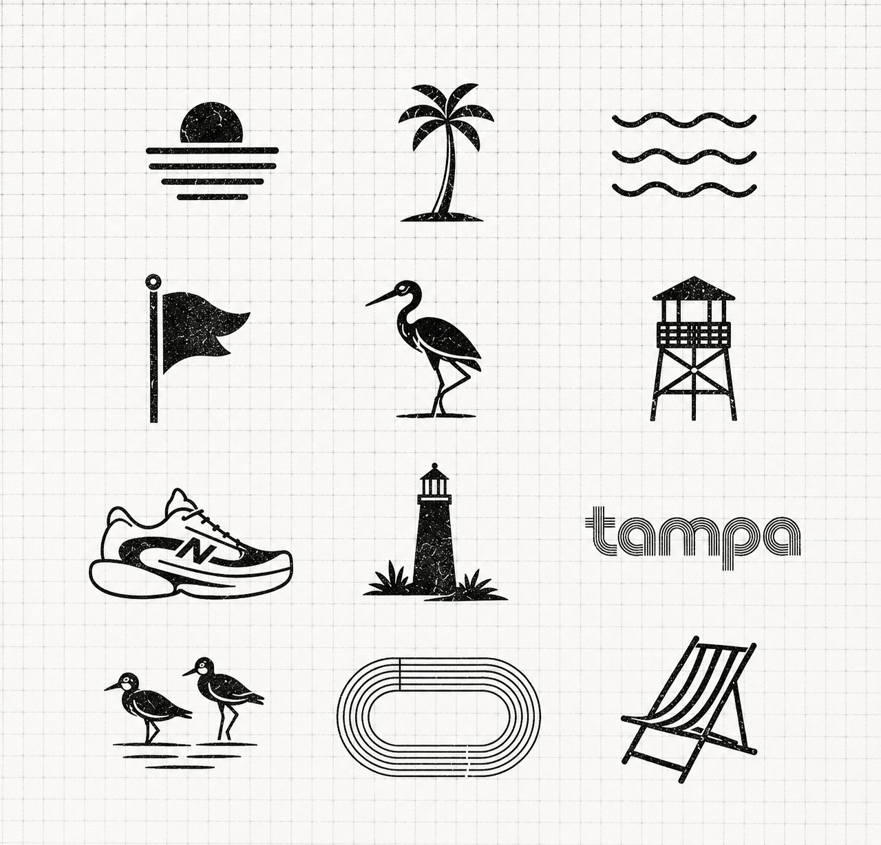 AI-designed collection of custom brand icons and graphic assets developed for a New Balance experiential marketing campaign.