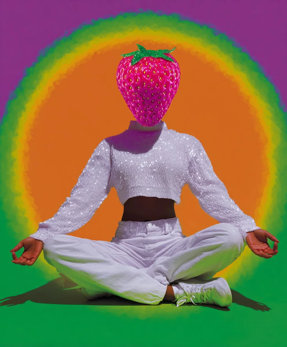 Person sitting cross-legged in a yoga pose with a strawberry head, wearing a sparkly white top, white pants, and sneakers, against a rainbow-colored background.