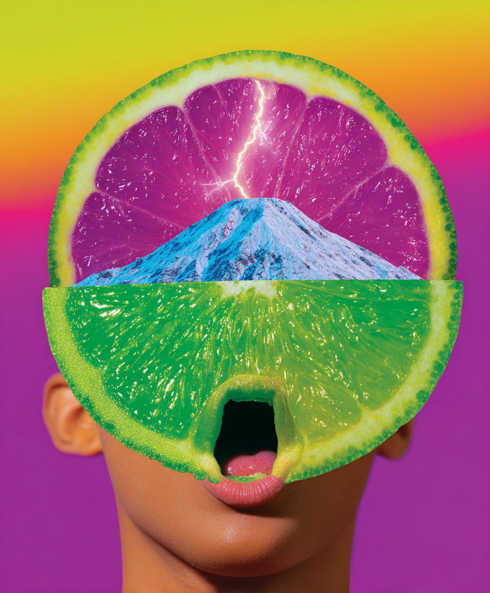 Surreal collage of a human face with a giant slice of lemon covering the face, with the inside showing a lime, a snow-capped mountain, a pink grapefruit, and a lightning bolt in the background.