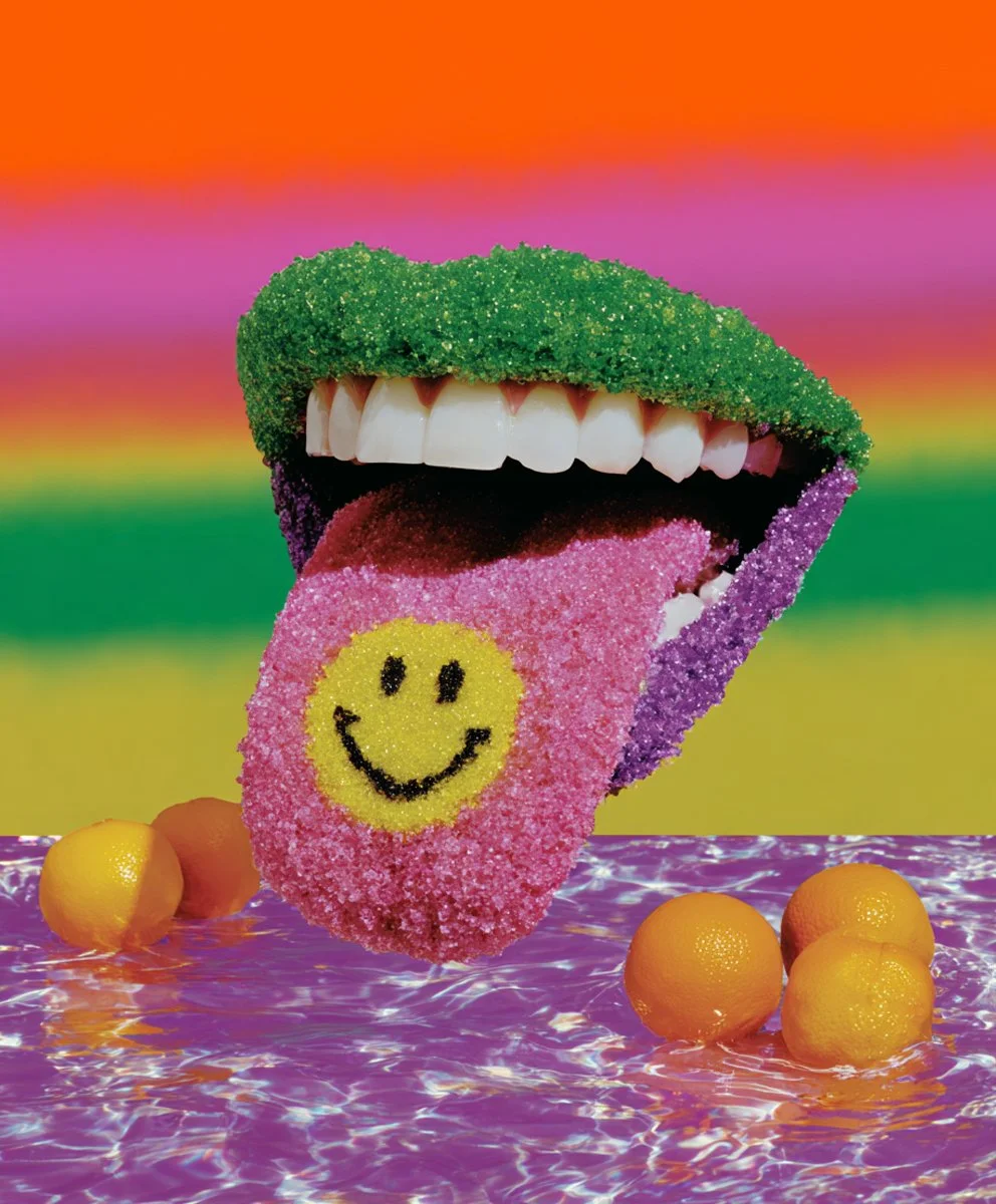 An abstract surreal collage featuring a large mouth with teeth, with green, purple, and pink candy sprinkled lips, a pink tongue with a smiling yellow face on it, surrounded by orange fruit balls, set against a rainbow-colored background and a purple