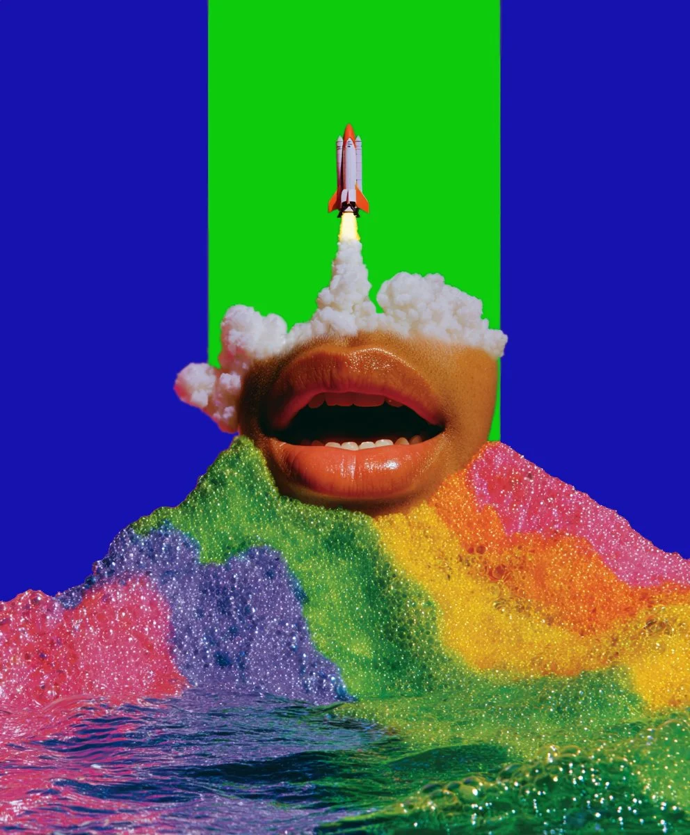 A surreal digital collage featuring rainbow-colored waters with textured waves, a large human mouth and chin, clouds, a rocket launching from the clouds, and a green vertical stripe on a blue background.