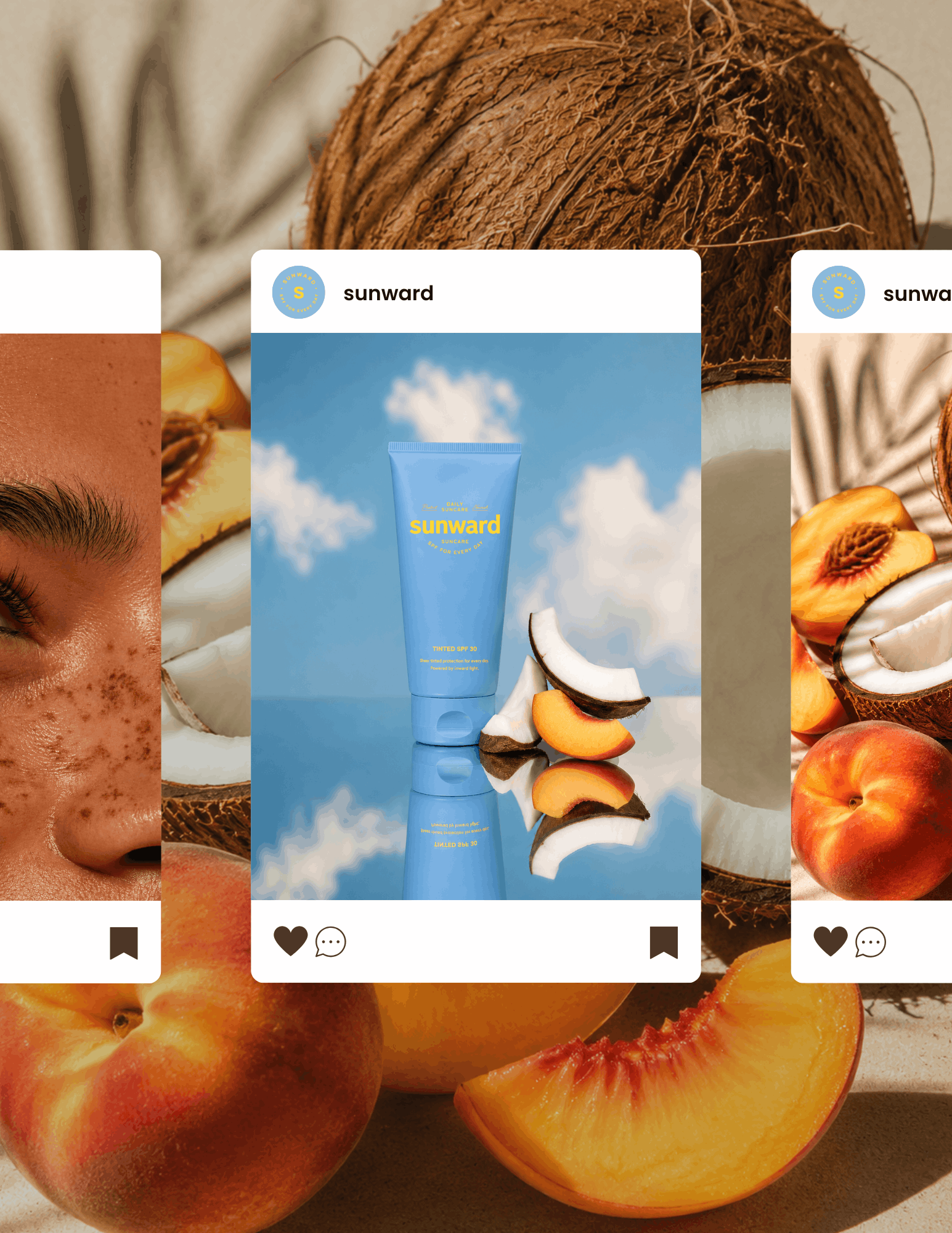 AI-generated social media campaign mockups for a conceptual suncare brand featuring branded Instagram content and product imagery.