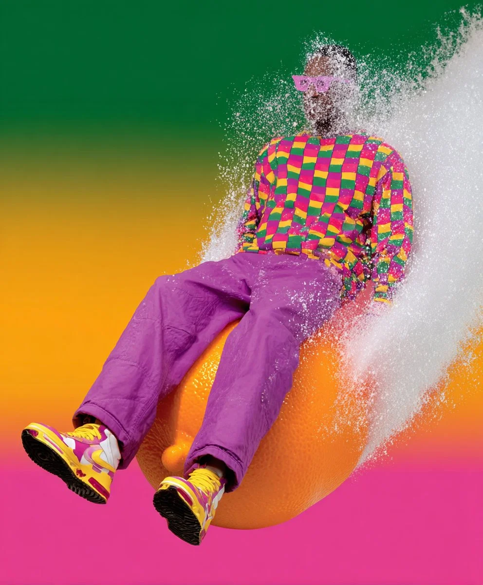 Person in colorful clothing and pink sunglasses sitting on an orange ball with a bright, gradient background, with a splash of white powder around them.