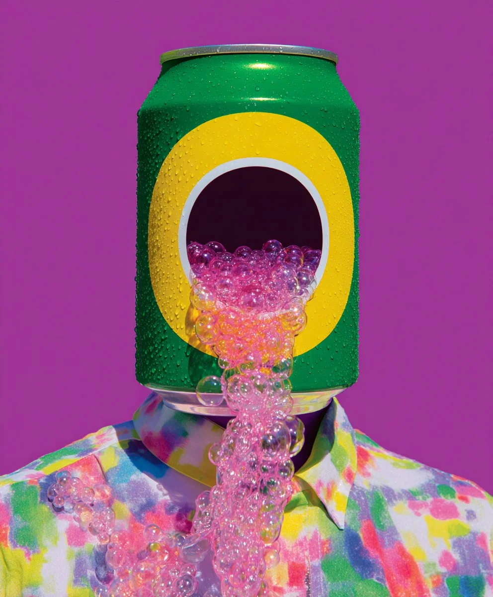 A person with a soda can for a face, pouring pink soda, wearing a colorful tie-dye shirt, against a purple background.