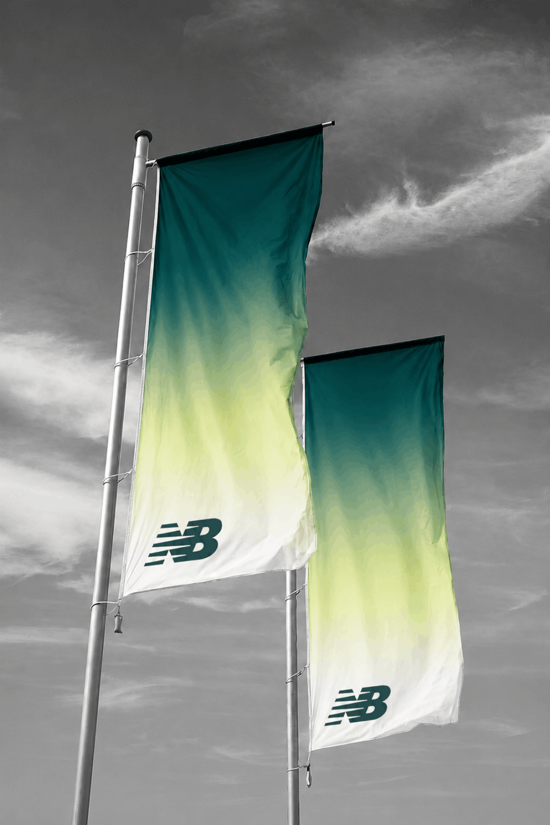 outdoor branding flags showcasing the visual identity for a conceptual New Balance experiential retail activation.