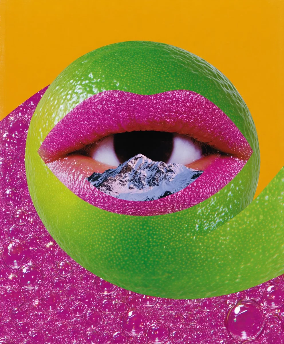 Colorful surreal collage with an orange background, featuring a green lime, purple bubble-like surface, human lips with a mountain landscape inside, and an eye in the center.