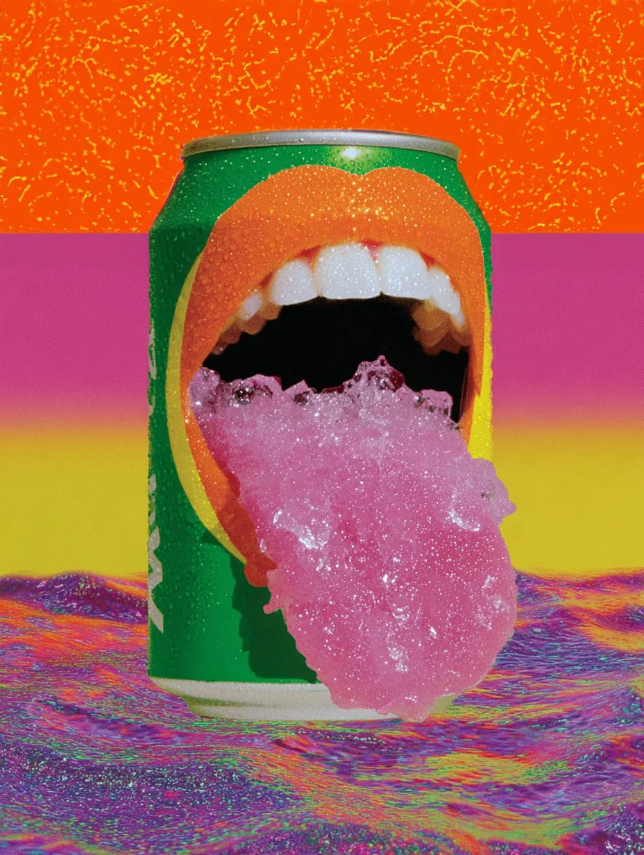 A soda can with a surreal design featuring a mouth with white teeth, with pink glittery candy emerging from the mouth, set against a colorful, abstract background.