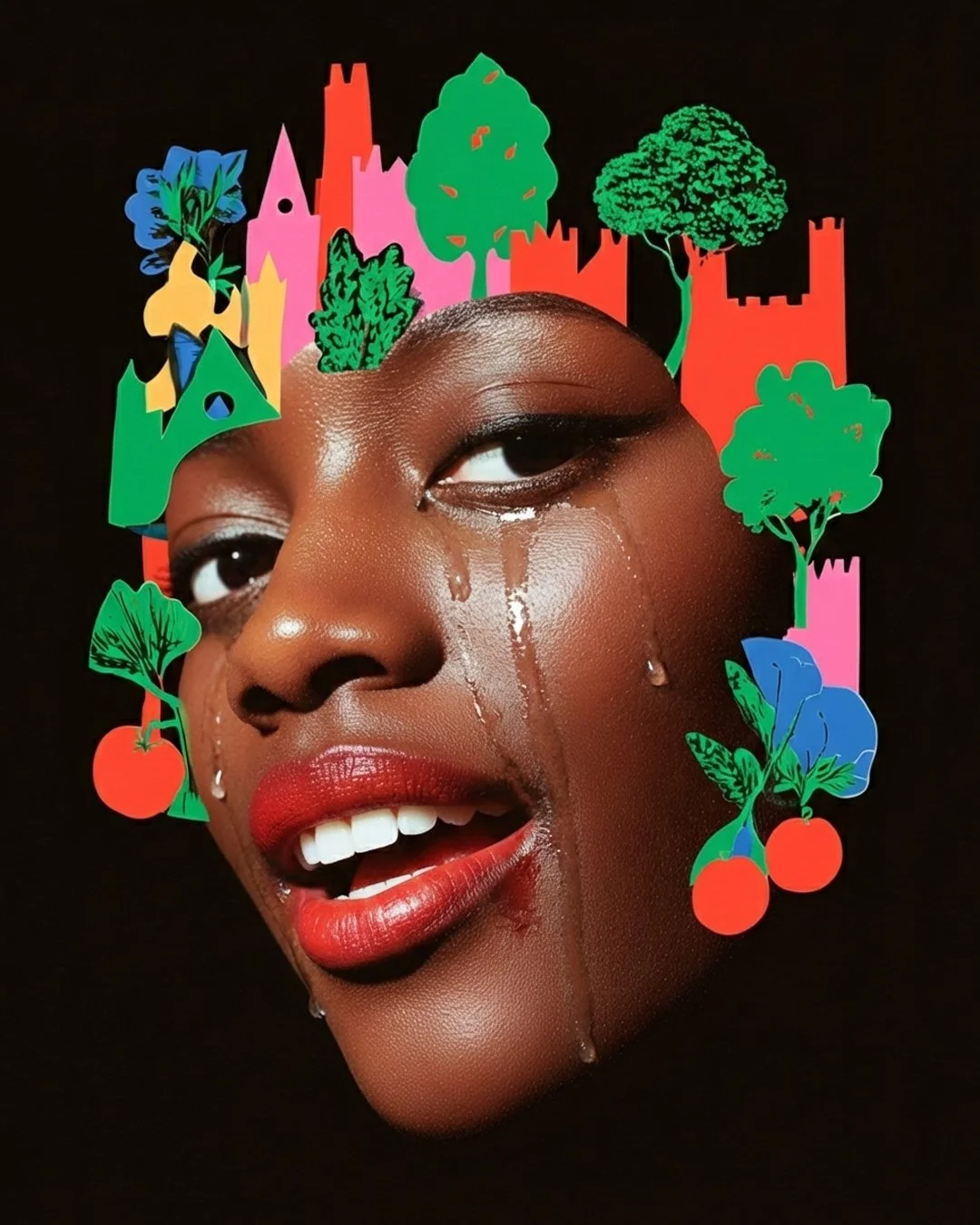 A woman with tears on her face, partially covered in colorful paper cutouts of trees, buildings, and cherries, set against a black background.