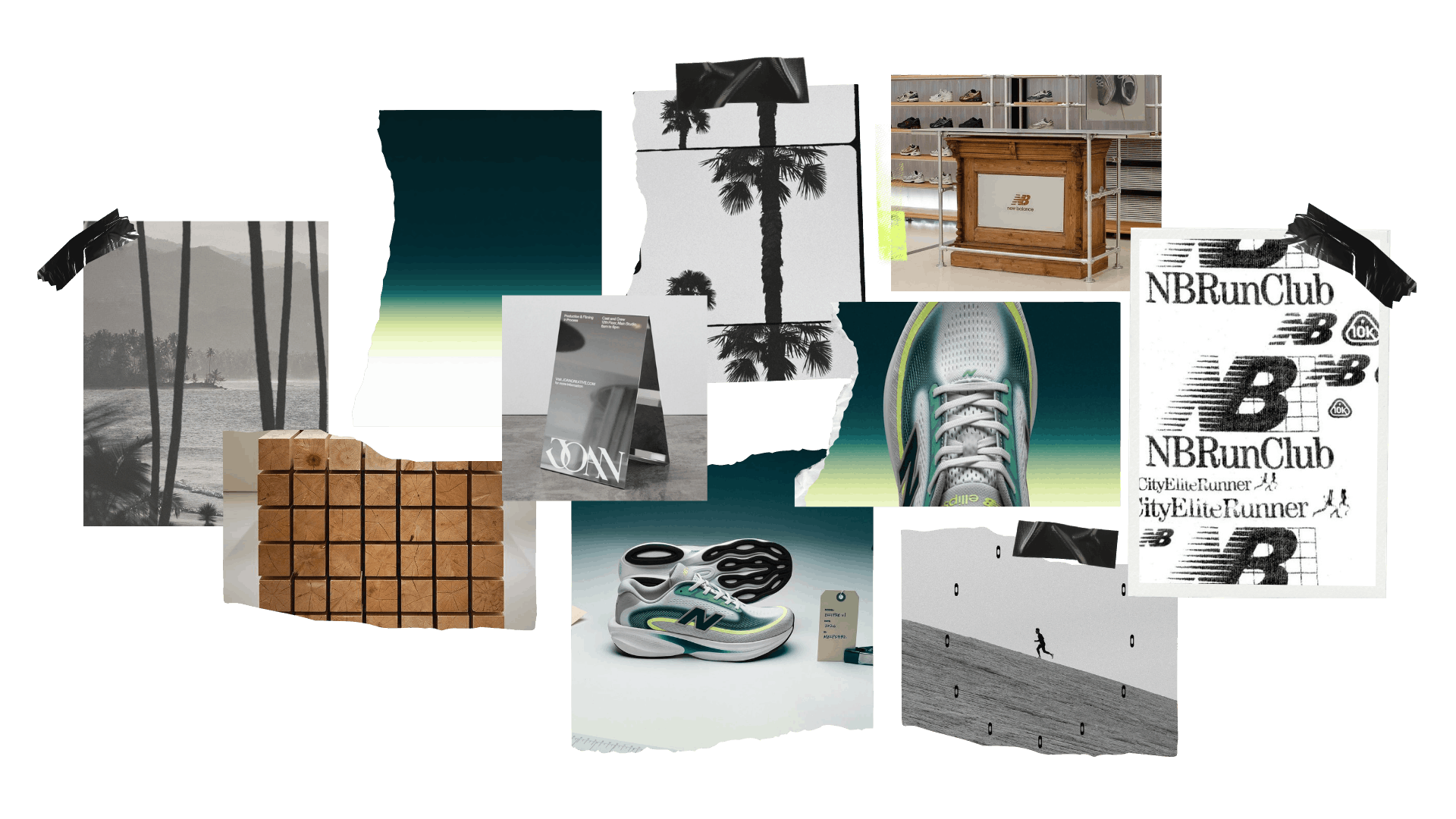 creative direction mood board for a conceptual New Balance x DICK'S House of Sport retail activation, featuring materials, imagery, typography, and product inspiration.