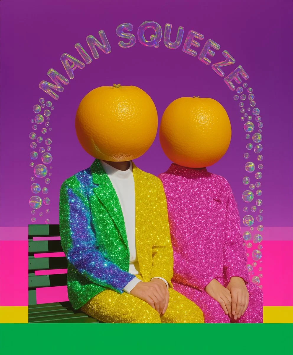 Two people with oranges for heads, wearing glittery suits in rainbow colors, sitting on a colorful bench against a vibrant purple background with the word 'WAINSAQUEEZ!' above them and bubbles around.