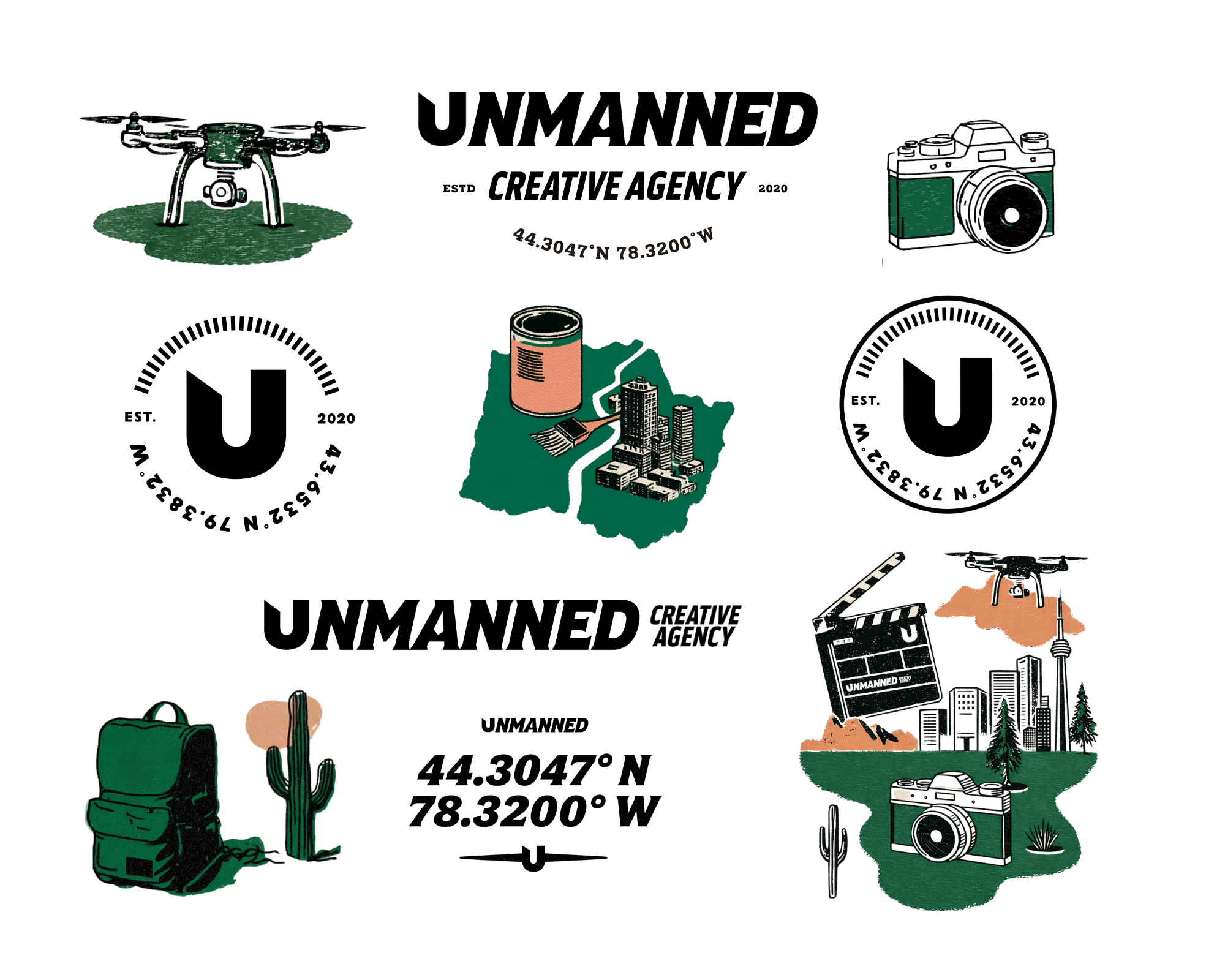 Brand identity system featuring logo variations, custom illustrations, typography, and graphic assets inspired by filmmaking, photography, drones, and outdoor exploration.