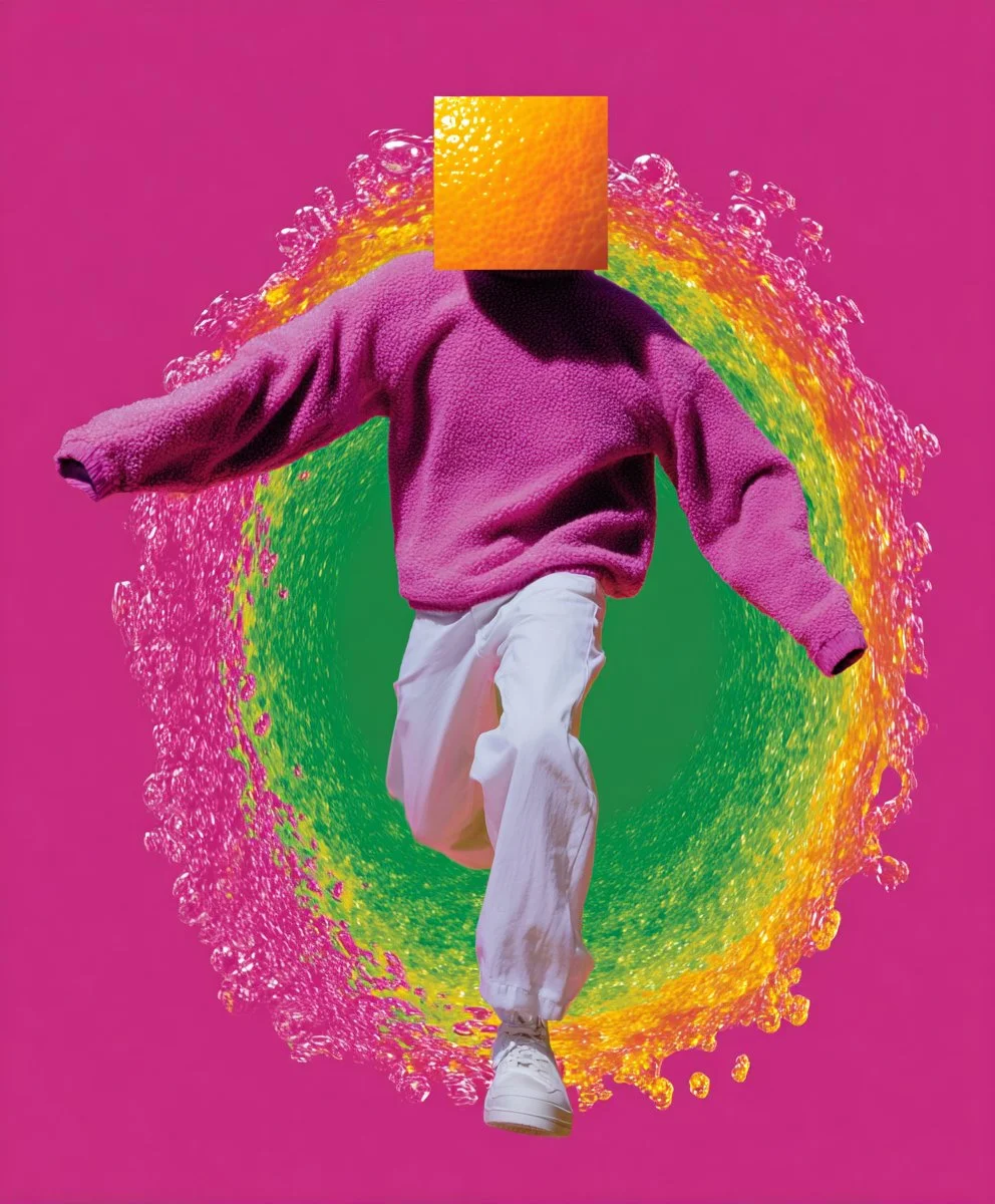 Person in a pink fleece jacket and white pants jumping with colorful splash background and orange square covering face.