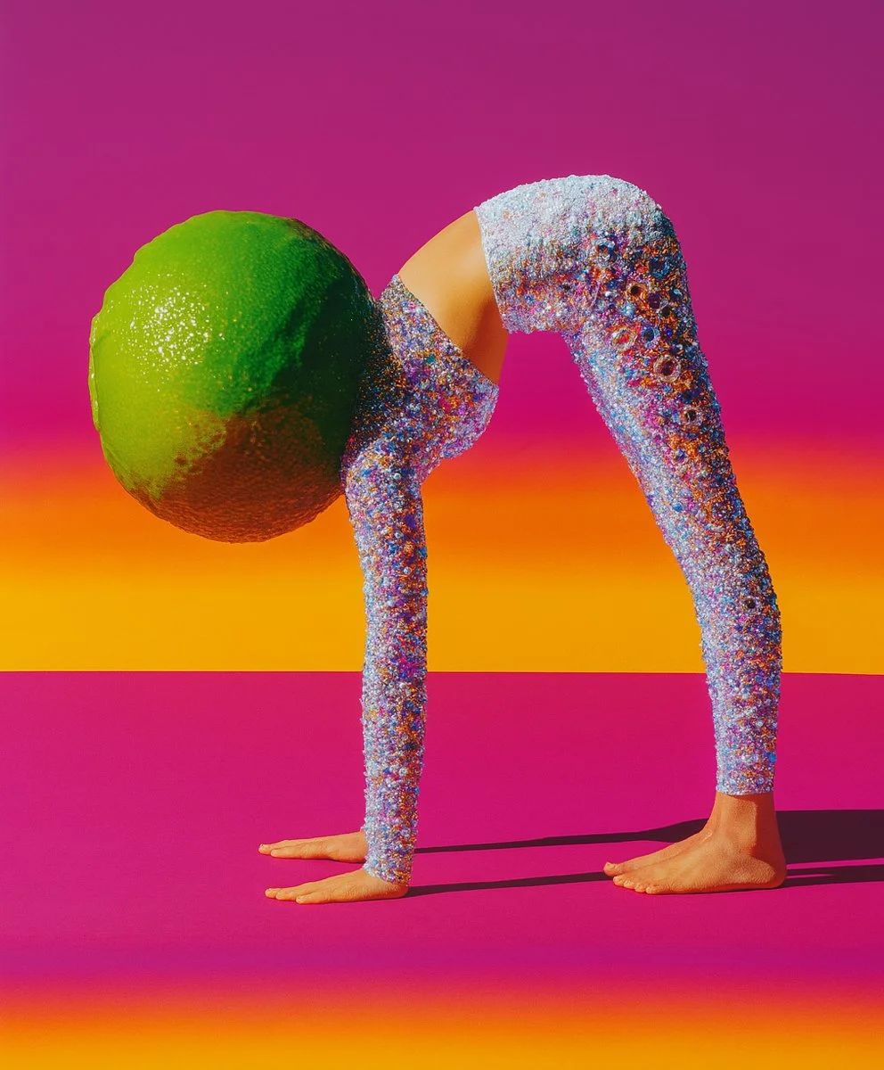 A person in a sparkly, multicolored full-body suit is in a yoga pose with their hands and feet on the colorful floor, and a large green lime faces their face while doing a downward dog position against a vibrant pink, purple, and orange background.