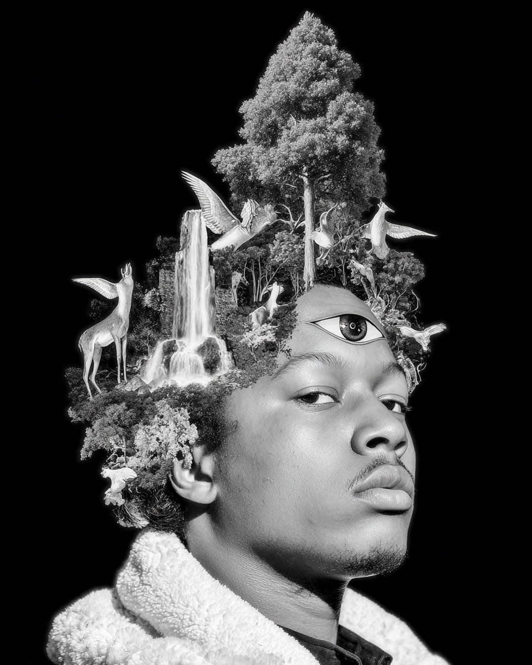 Black and white digital artwork of a person's head with a surreal forest scene on top, featuring trees, a waterfall, birds, a deer, and an eye integrated into the person's forehead.