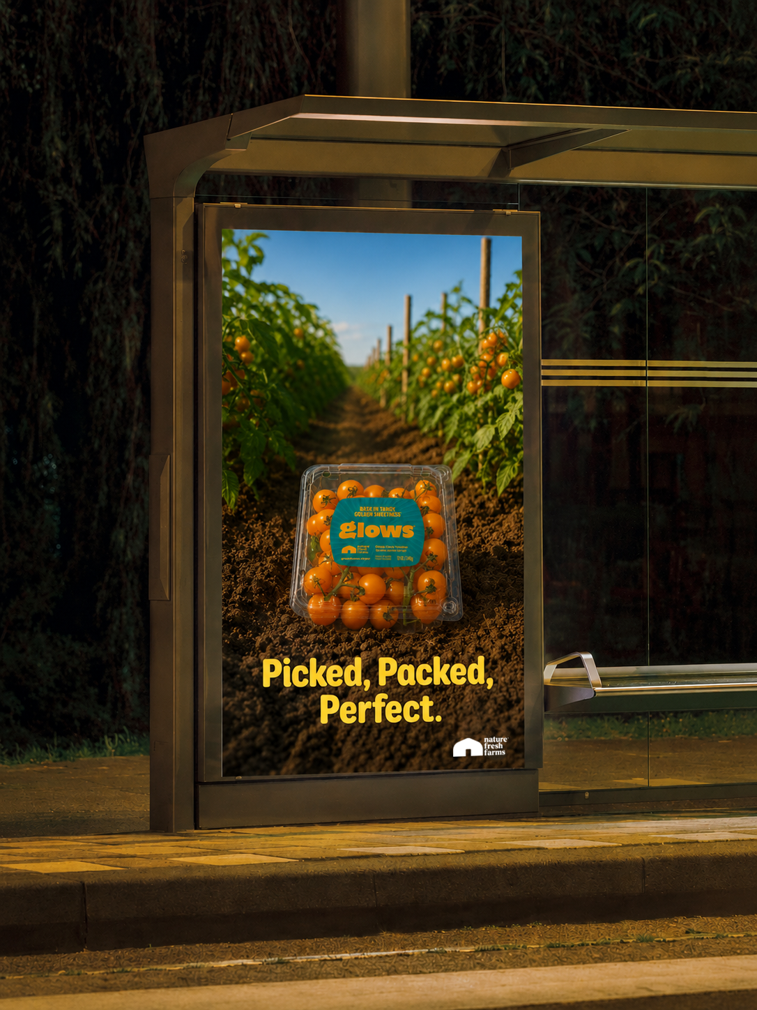 AI-generated bus shelter advertisement featuring Nature Fresh Farms Glows tomatoes, demonstrating out-of-home advertising and campaign creative for a fresh produce brand.