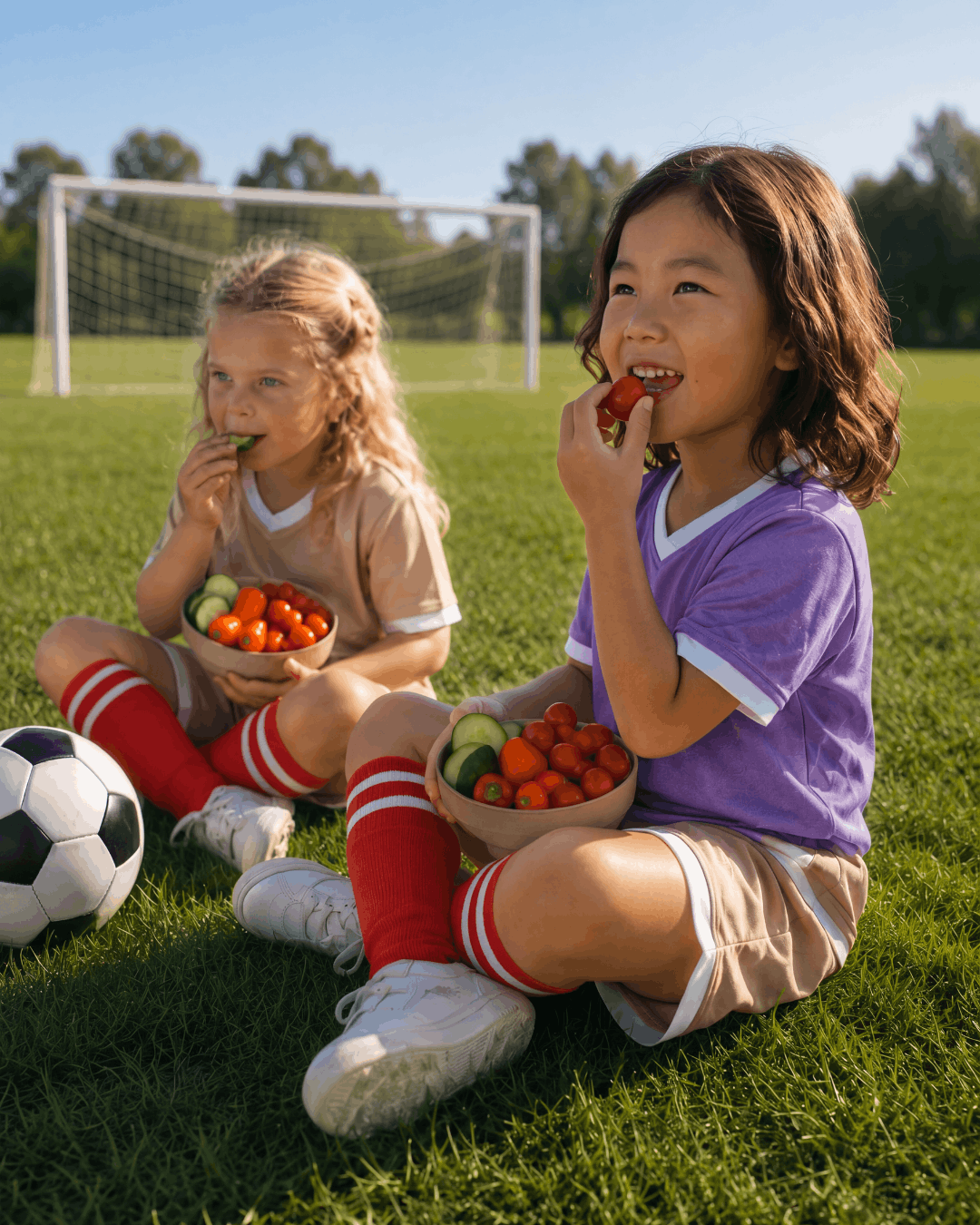 AI-generated lifestyle image of children enjoying fresh tomatoes and cucumbers after a soccer game, promoting healthy snacking through a fresh produce campaign.