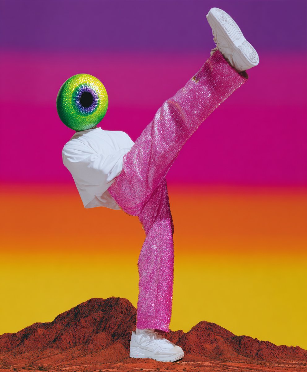 A person with a large green and purple eye for a head, wearing white sneakers and pink sparkly pants, performing a handstand against a colorful background with a desert landscape.
