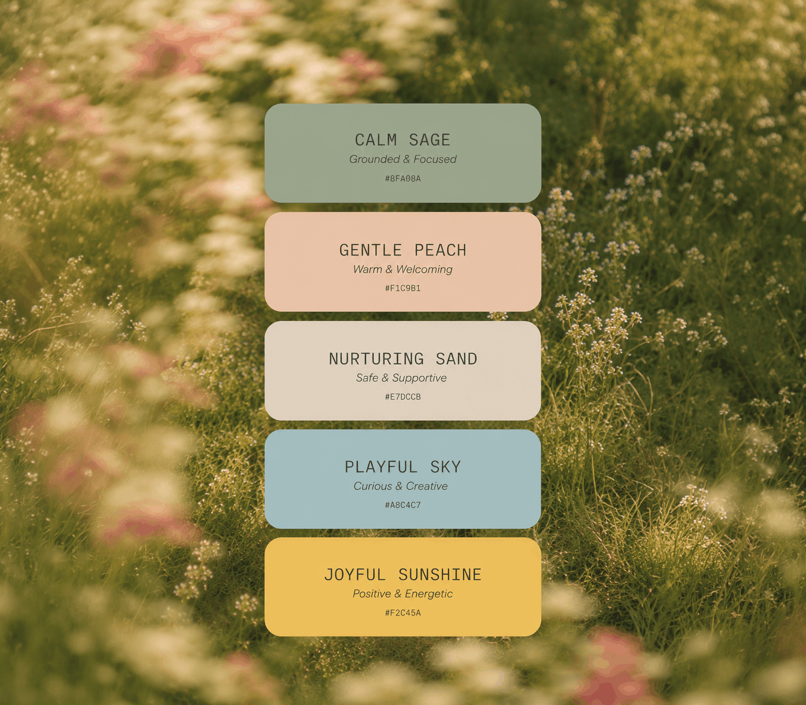 Brand colour palette featuring soft sage, peach, sand, blue and yellow tones used in a custom visual identity system.