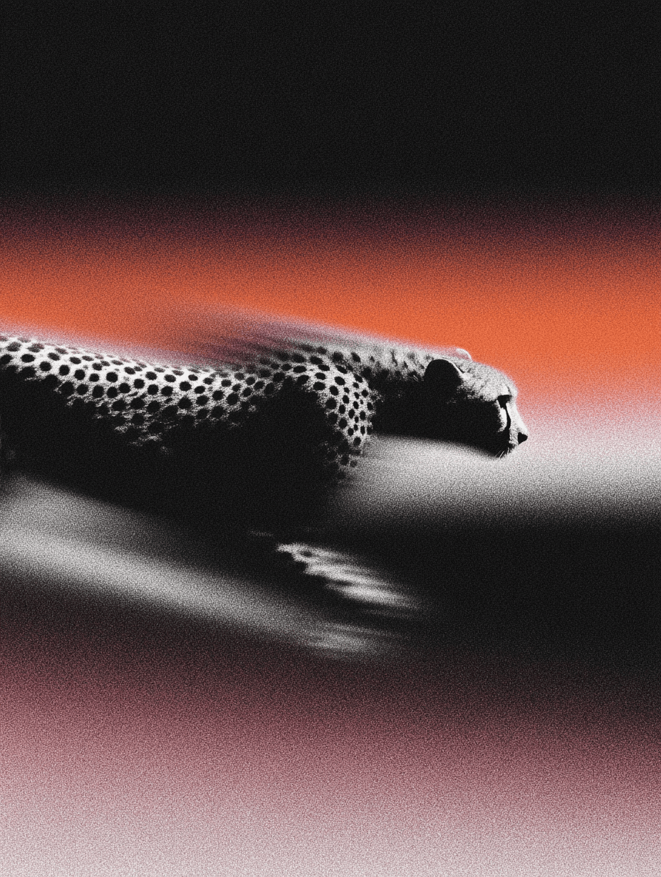 Motion-blurred cheetah running across a black, white, and orange gradient background, created as a visual expression of speed, energy, and momentum for a creative agency brand identity.